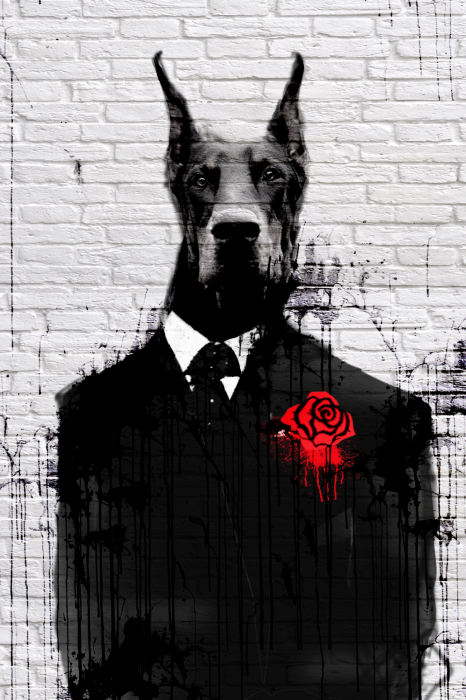 Poster  Portrait d'un doberman en costume noir sur fond de briques