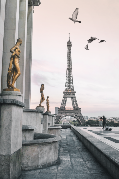 Poster  La tour Eiffel et les statues sous un ciel rose