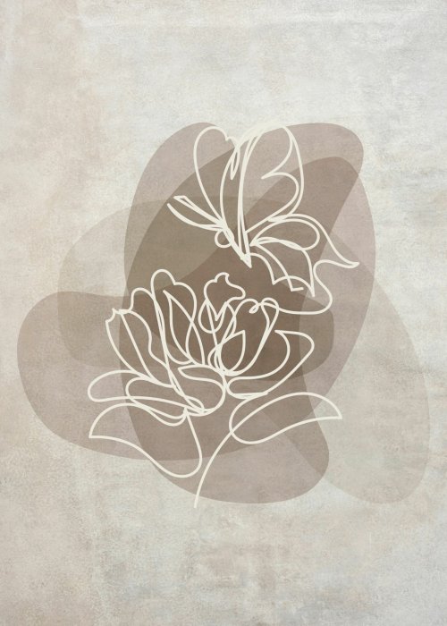 Poster  Fleurs blanches en style lineart sur fond beige aquarelle