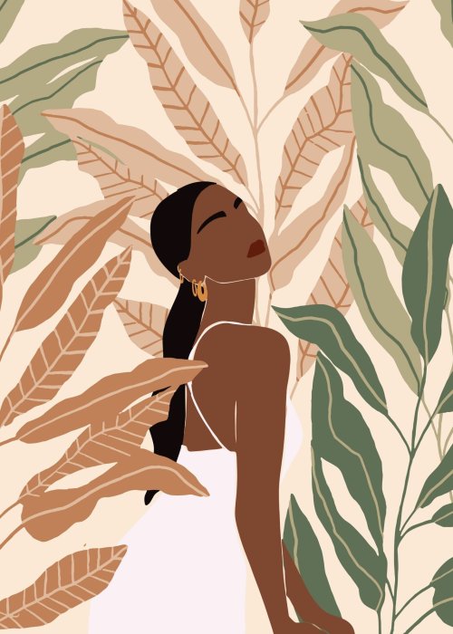 Poster  Femme parmi de grandes feuilles tropicales illustration