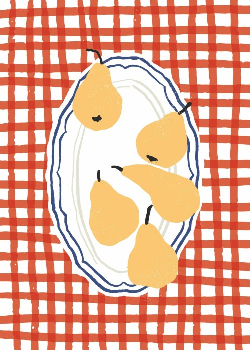 Poster  Illustration moderne d'une poire sur fond rouge à carreaux