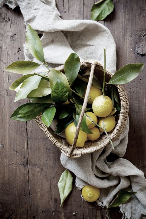 Poster  Fruits de citron dans un panier sur une table en bois