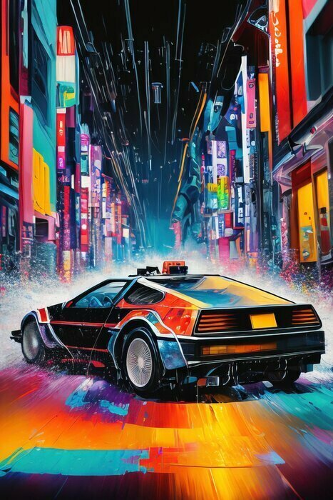 Poster  Voiture de dessin animé dans une ville au néon