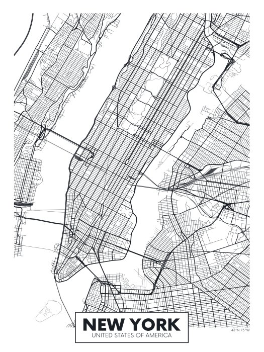 Poster  New York carte de la ville en noir et blanc