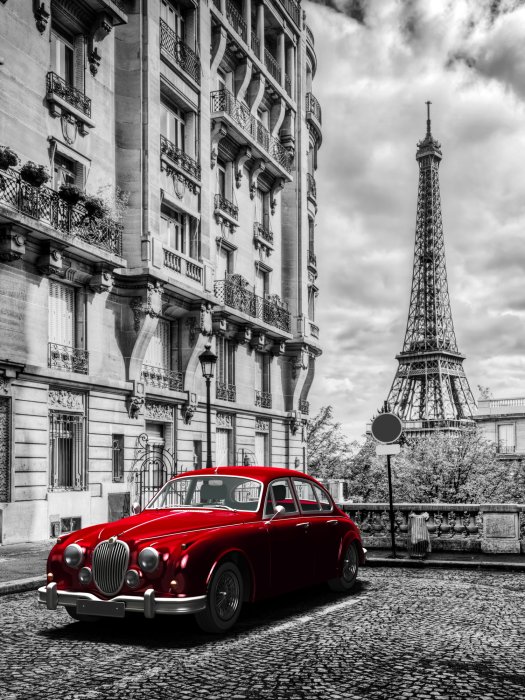 Poster  Voiture rétro rouge et la tour Eiffel à Paris