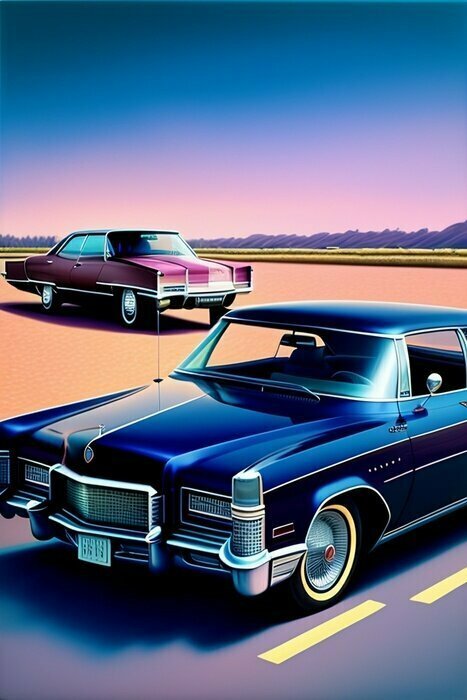 Poster  Voitures classiques sur la route, style dessin animé