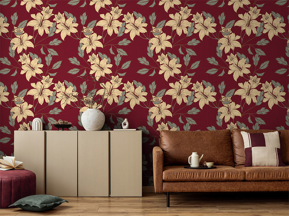 Papier peint fleurs sur fond bordeaux