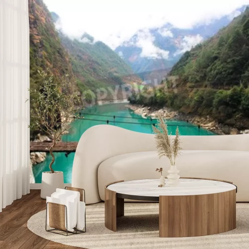 Papier peint  Pont suspendu en bois dans la montagne