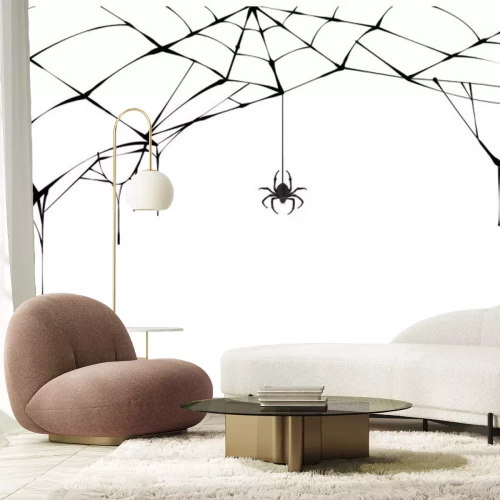 Sticker  Dessin noir et blanc d'une araignée sur une toile d'araignée