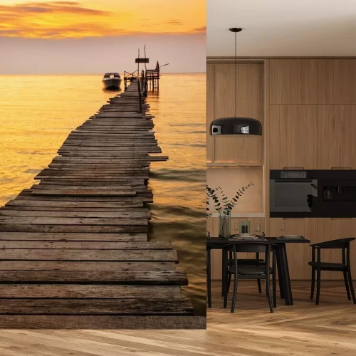 Papier peint  Passerelle ancienne et bateau à moteur