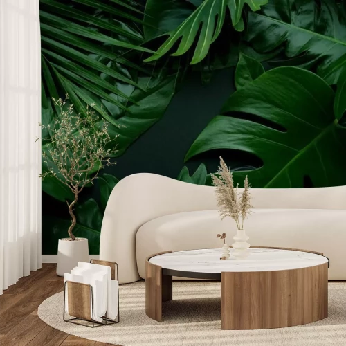 Papier peint  Feuilles exotiques sur fond sombre