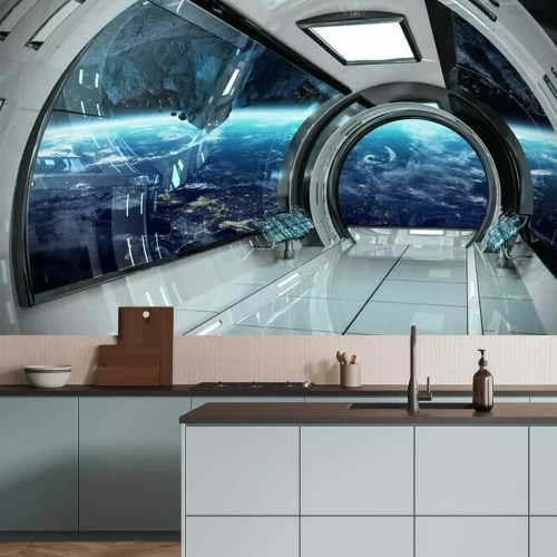 Papier peint  3D galaxie depuis l'intérieur d'un vaisseau spatial