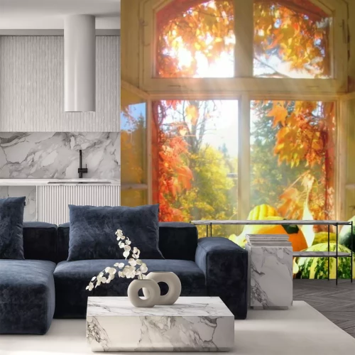 Papier peint  Une fenêtre donnant sur les feuilles d'automne