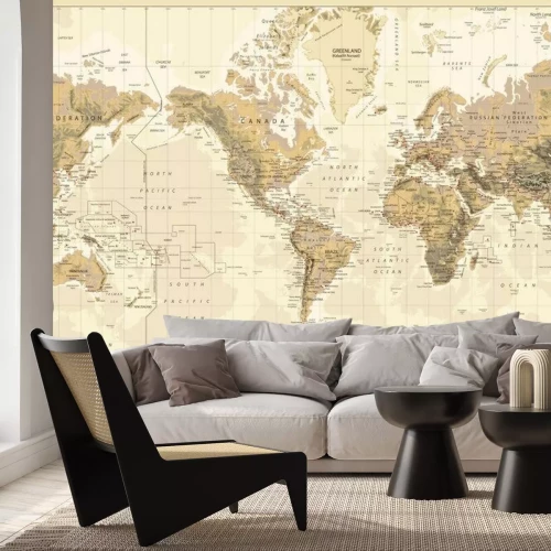 Sticker  Carte du Monde Physique Cruciale-America Centered-Colors of Brown