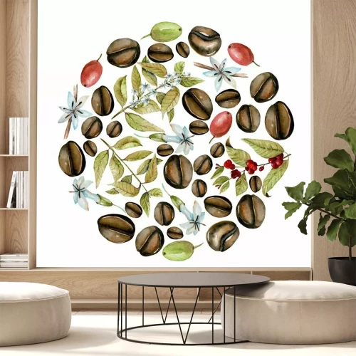 Sticker  Grains de café et fleurs blanches