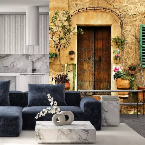 Papier peint  Porte en bois fleurie