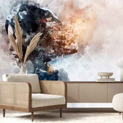 Sticker  Peinture à l'aquarelle numérique. Double exposition. Femme et vue de Manarola.