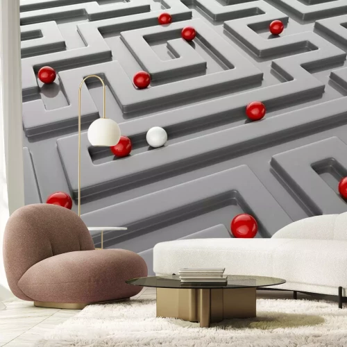 Papier peint  Sphères 3d dans un labyrinthe gris