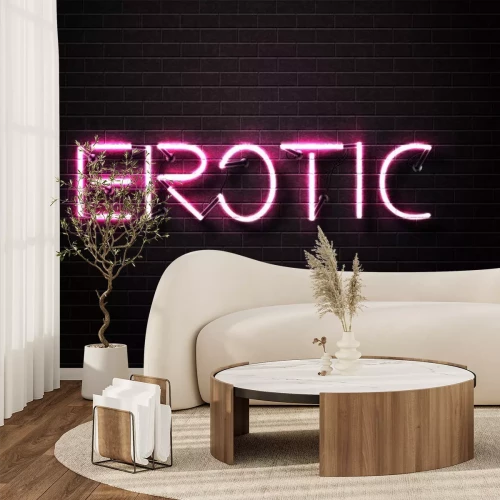 Sticker  Signe de néon isolé réaliste et réaliste de texte érotique rose pour la décoration et le recouvrement sur le fond du mur. Concept d'exposition érotique et club de nuit.