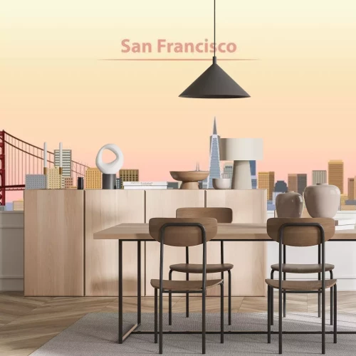 Sticker  illustration vectorielle de skyline de la ville de San Francisco au lever du soleil