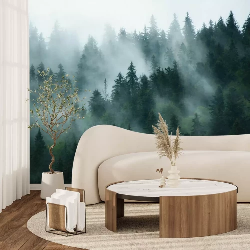 Papier peint  Paysage brumeux avec forêt de sapins dans le style rétro vintage hipster