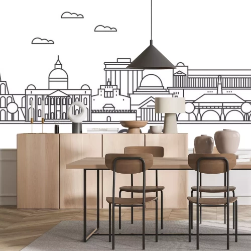 Sticker  Illustration de ligne d'architecture Rome ligne. Paysage urbain vecteur linéaire avec des monuments célèbres, monuments de la ville, icônes du design. Traits éditables