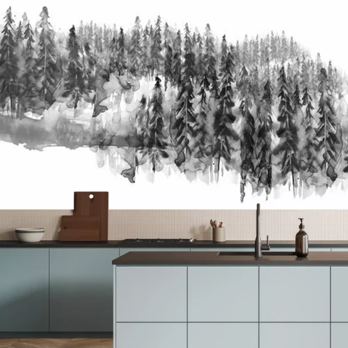 Sticker  Aquarelle groupe d'arbres - sapin, pin, cèdre, sapin. forêt noire et blanche, paysage de campagne. Dessin sur fond blanc isolé.