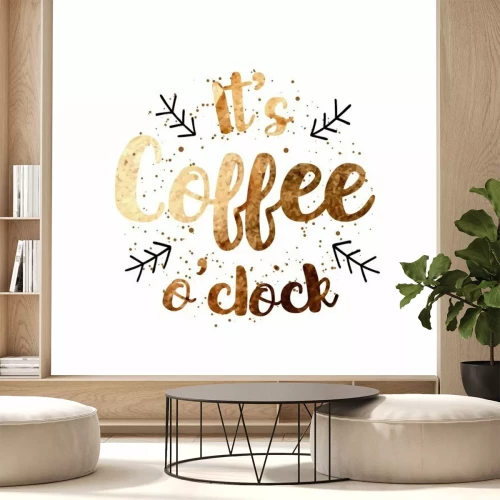 Sticker  Vector «C'est café o'clock» devis étiquette design avec texture aquarelle dessiné main pour affiches, cartes de voeux, menus, autocollants et autres