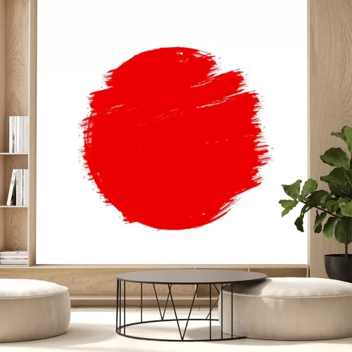 Sticker  Drapeau du Japon style asiatique rouge symbole de soleil grunge isolé sur fond blanc. Coups de pinceau dessinés à la main