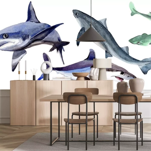 Sticker  Requin poisson sauvage dans un style aquarelle isolé. Nom complet du poisson: Requin. Aquarelle de poissons sauvages pour le fond, la texture, le motif d'emballage ou le tatouage.