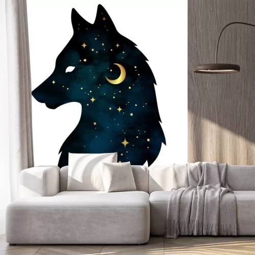 Sticker  Silhouette de loup avec croissant de lune et étoiles isolées. Autocollant, impression ou illustration vectorielle de conception de tatouage. Totem païen, art d'esprit familier wiccan