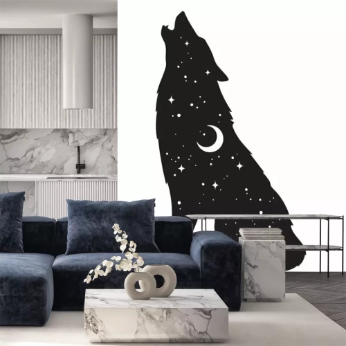 Sticker  Silhouette de loup avec croissant de lune et étoiles isolées. Autocollant, travail noir, impression ou illustration vectorielle de tatouage flash design. Totem païen, art d'esprit familier wiccan