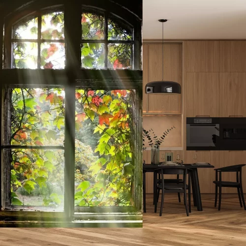 Papier peint  Feuilles d'automne sur une fenêtre