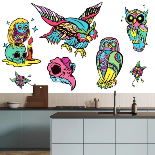 Sticker  Hiboux et crânes colorés