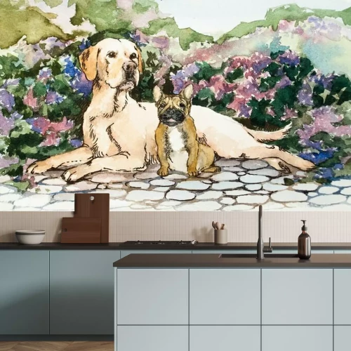 Papier peint  Un dessin détaillé de la main sur le papier. Nuances claires et couleurs vives. Fond de fleurs en fleurs. Concept aquarelle. Concept animal