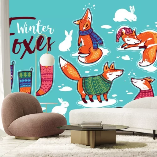 Sticker  Collection d'autocollants avec des renards de bande dessinée dans des chandails confortables. Illustration vectorielle