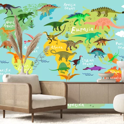 Papier peint  Carte du monde pour enfants avec des dinosaures