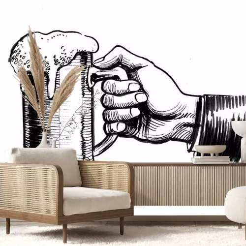 Sticker  Encre noir et blanc dessin d'une main tenant une chope de bière