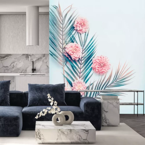 Sticker  Fleurs et feuilles sur fond bleu