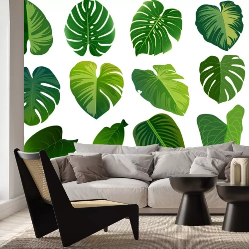 Sticker  Été, feuilles de printemps ensemble. Icône plate verte. vecteur, isolé sur blanc