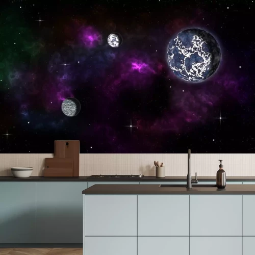 Sticker  Cosmos de la planète sur fond de nébuleuse violette