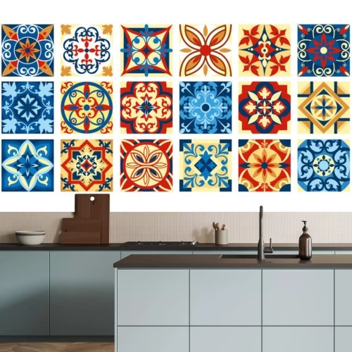 Sticker  Illustration vectorielle Collection de carreaux de céramique dans des couleurs rétro. Un ensemble de motifs carrés dans le style ethnique. Illustration vectorielle