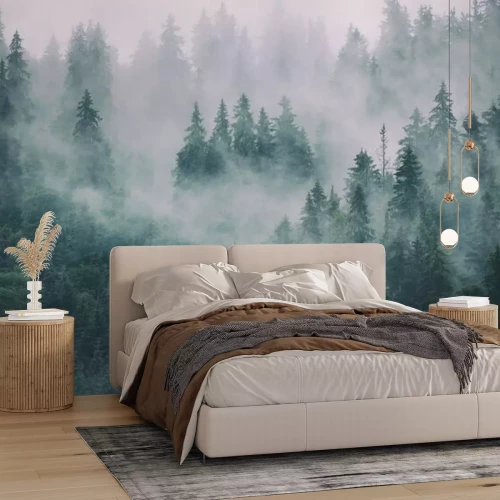 Papier peint  Brume rosée sur la forêt