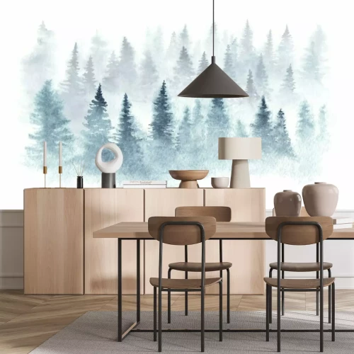 Sticker  Forêt d'hiver dans un brouillard peint à l'aquarelle.