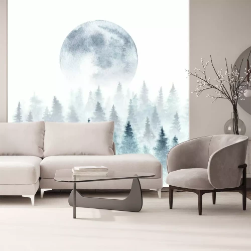 Papier peint  Paysage aquarellé avec la lune au-dessus de la cime des arbres