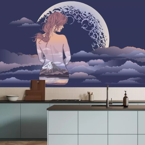 Sticker  Une fille romantique est assis sur le fond de la lune. Body art girl, corps peint avec des paysages. Fille romantique sur le fond de la lune et le tatouage du ciel stellaire et conception de t-shirt. 