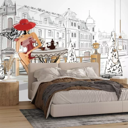 Sticker  Les gens de la mode dans le café de la rue dans la vieille ville. Illustration vectorielle dessinés à la main.