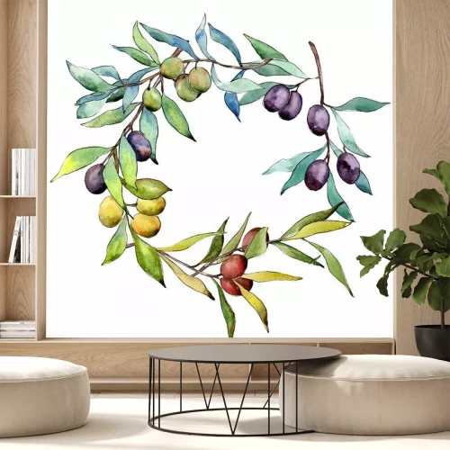 Sticker  Couronne d'Olivier dans un style aquarelle. Nom complet de la plante: Branches d'un olivier. Aquarelle d'olivier pour le fond, la texture, le motif de l'enveloppe, le cadre ou la bordure.