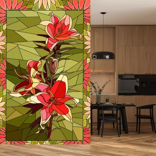 Sticker  Mosaïque rouge-vert avec une fleur