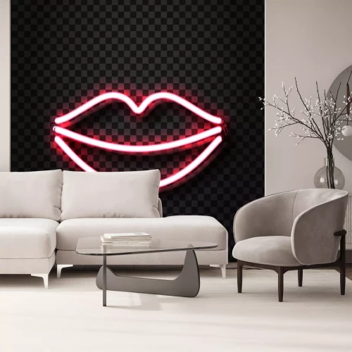 Sticker  Signe érotique réaliste vecteur néon érotique lèvres pour la décoration et la couverture sur le fond transparent. Concept de spectacle érotique et club de nuit.